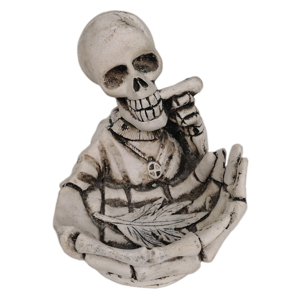 Gothic Skeleton Smoking Cigar Ashtray Resin Leaf Trinket Dish Halloween Decor